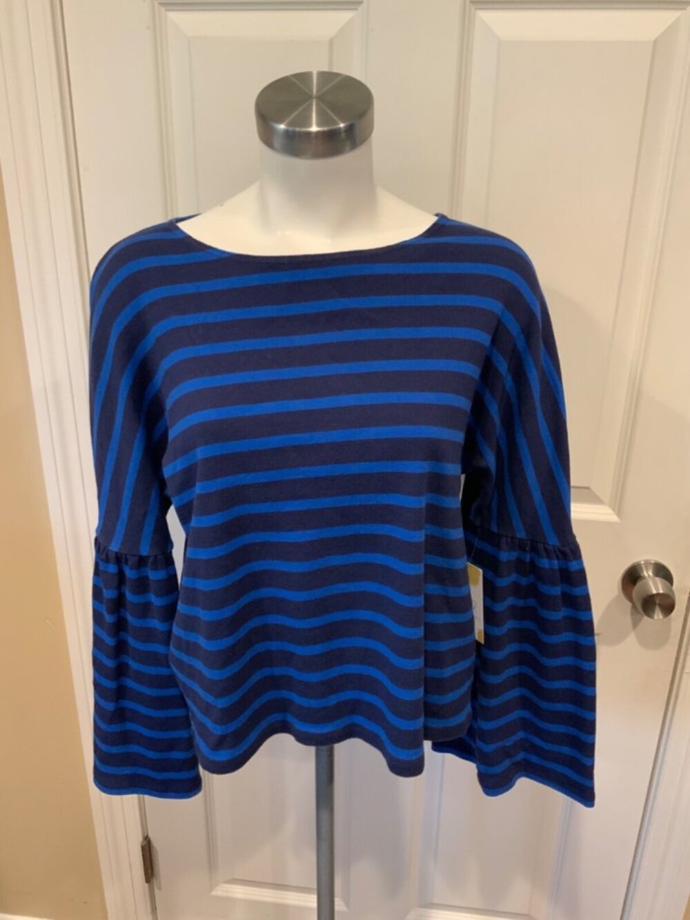J. Crew Blue Striped Flare Sleeve Top, Size Medium